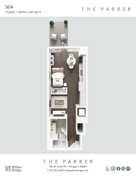 Floor plan for studio, 1 bath, 522 sqft